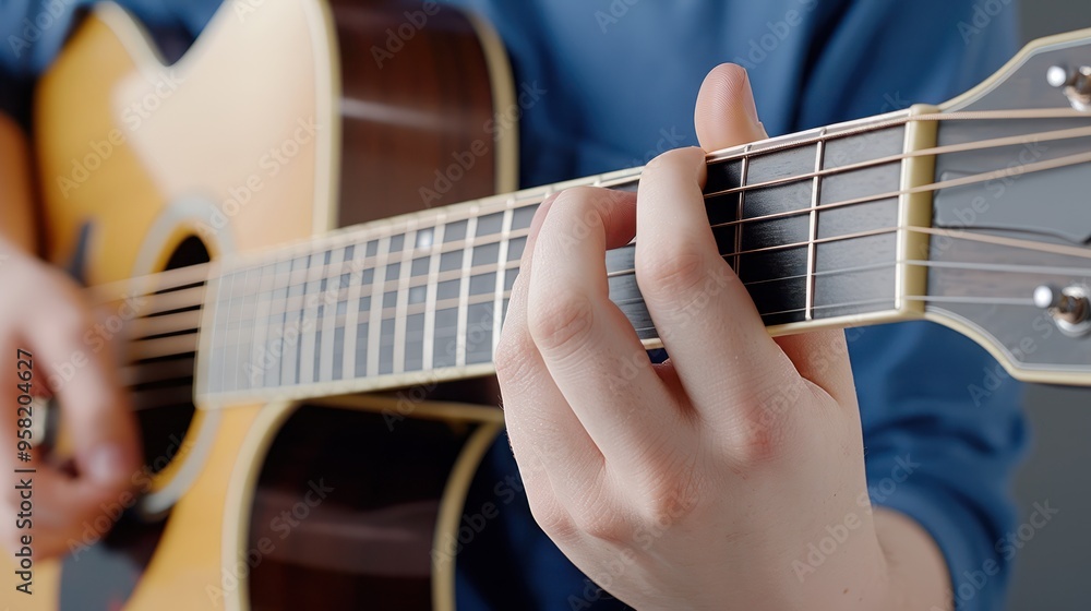 Obraz premium Close-up shot of hands playing an acoustic guitar, emphasizing the details of chords, strings, and musical concentration.