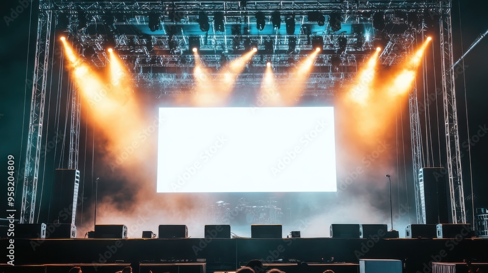 colorful spotlight and speaker on the truss system on stage with white screen background colorful spotlight and speaker on the truss system on stage with white screen background