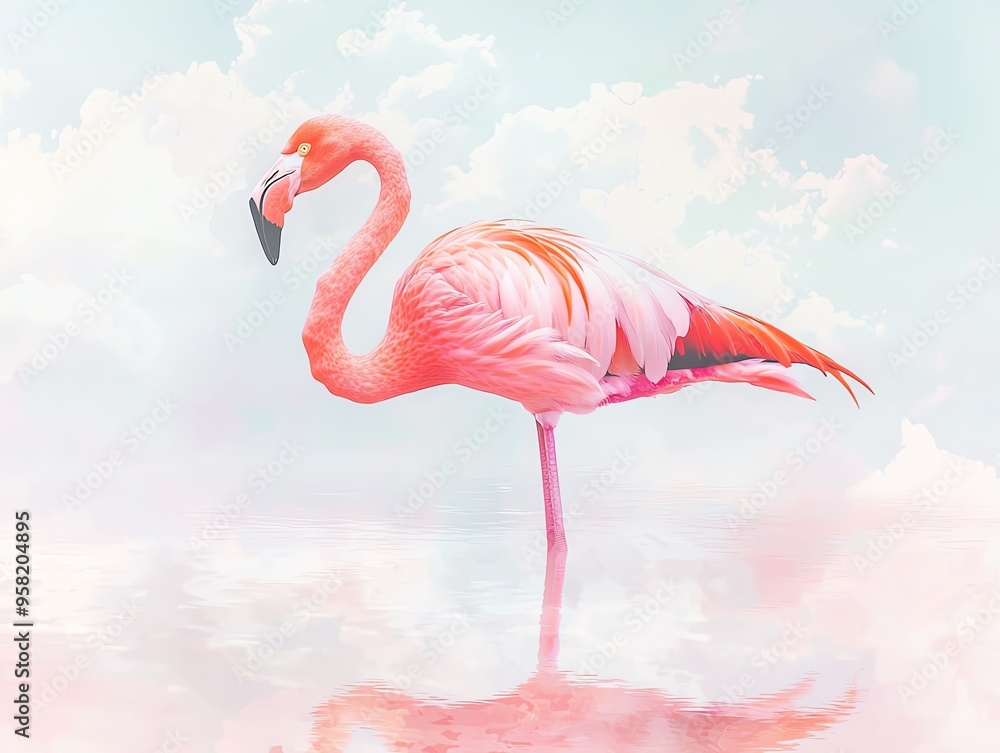 Fototapeta premium A single flamingo standing in shallow water with its reflection visible.