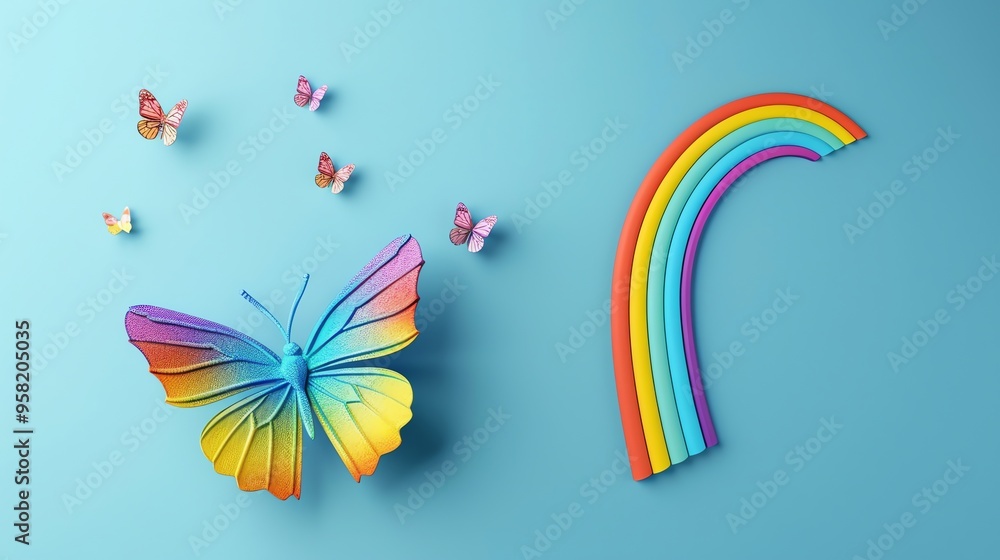 A colorful butterfly is flying over a rainbow with a blue background. A colorful butterfly is flying over a rainbow with a blue background.