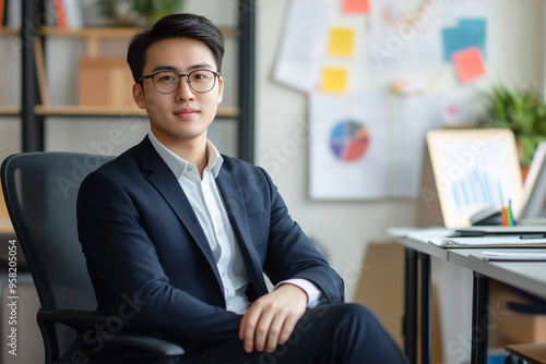 Portrait of young confident Asian businessman CEO sitting in modern office while looking at camera