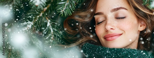  A woman stands before a snow-covered pine tree with her eyes closed