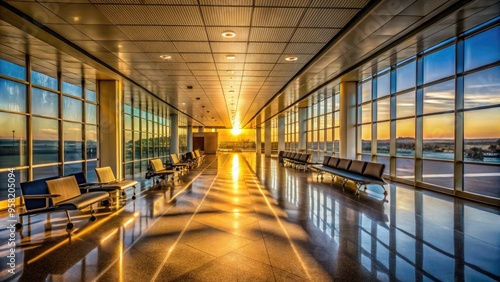 Peaceful early morning quiet airport corridor Dallas Fort Worth International Airport empty gates natural light pouring subtle shadows