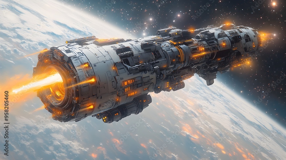 Gargantuan Mecha Titan Transcending Earthly Atmosphere with Futuristic Ordnance and Luminous Thrusters Gargantuan Mecha Titan Transcending Earthly Atmosphere with Futuristic Ordnance and Luminous Thrusters