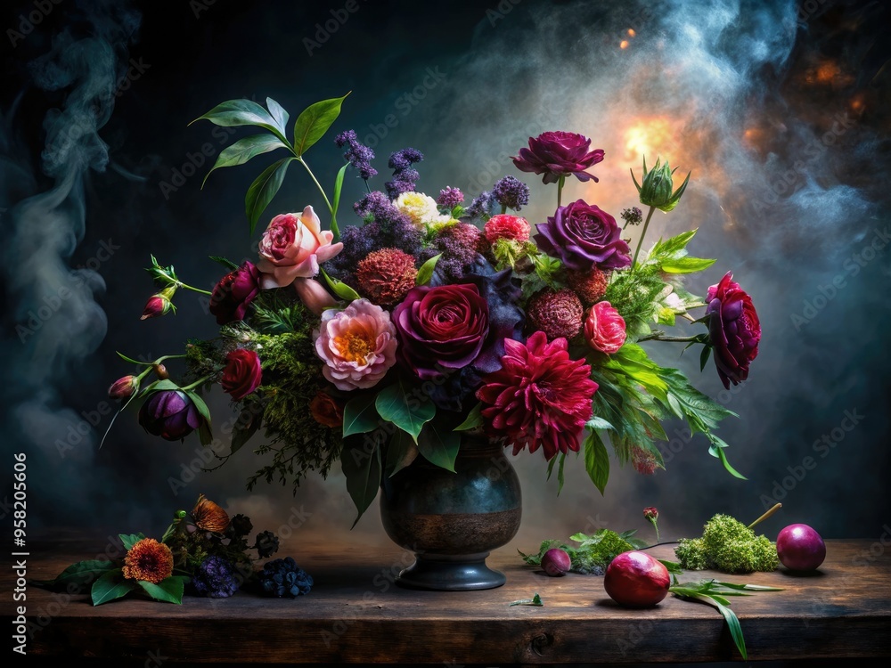 Obraz premium Moody dark floral still life with bold expressive brush strokes, mysterious border shrouded in mist, and dramatic chiaroscuro lighting in deep jewel tones.