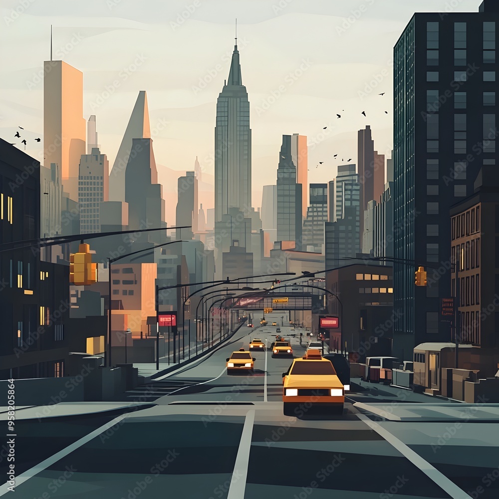 Naklejka premium Minimalist Low-Poly City Skyline with Sleek Monolithic Structures and Muted Ambient Lighting