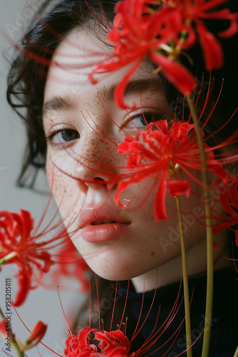 Freckled Woman Surrounded by Red Spider Lilies