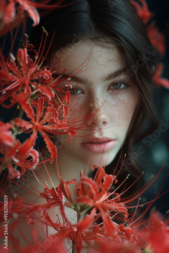 Freckled Girl with Red Spider Lilies