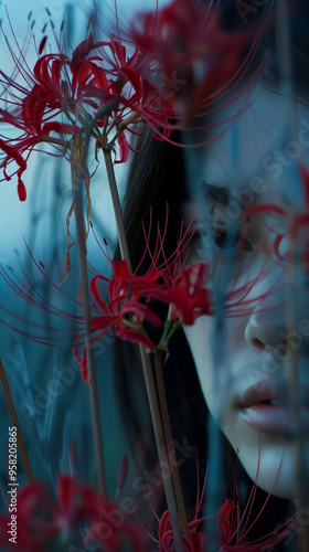 Mysterious Gaze Through Red Spider Lilies