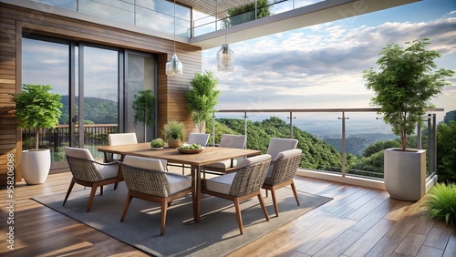 A sleek balcony overlooks the cityscape as a modern outdoor dining table and chairs set amidst lush greenery, awaiting a summer evening gathering.