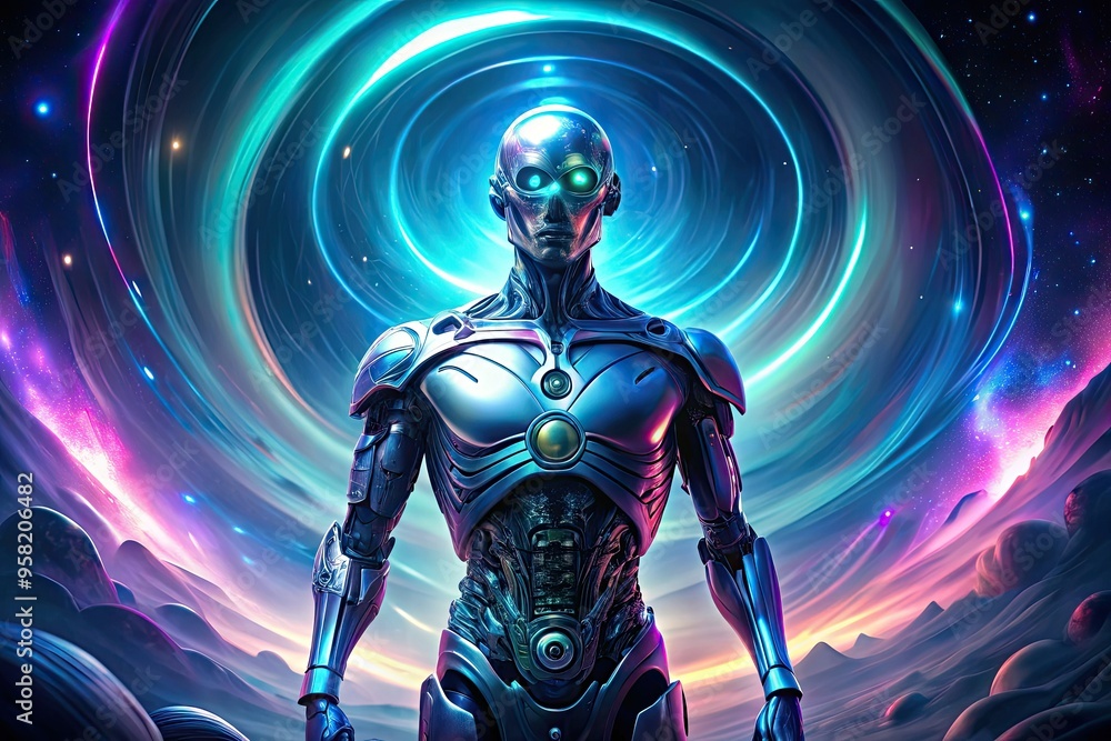 Glowing aurora borealis-inspired metallic robot torso suspended amidst swirling black hole-inspired vortex, evoking surreal futuristic sci-fi atmosphere with eerie blue-purple hues. Glowing aurora borealis-inspired metallic robot torso suspended amidst swirling black hole-inspired vortex, evoking surreal futuristic sci-fi atmosphere with eerie blue-purple hues.