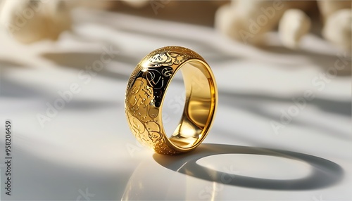 The exquisite gold ring, with its smooth surface reflecting soft light, looks noble and elegant, suitable for wearing on various occasions. photo