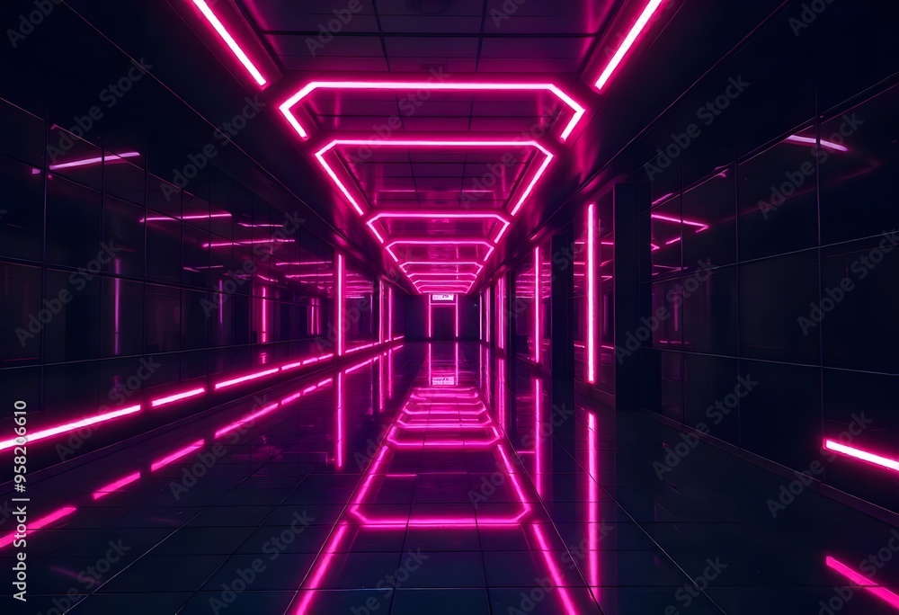 A dark futuristic hallway with a reflective tiled. Futuristic tunnel room with purple color light background A dark futuristic hallway with a reflective tiled. Futuristic tunnel room with purple color light background