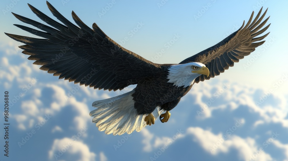 Obraz premium Bald Eagle Soaring Through Cloudy Sky