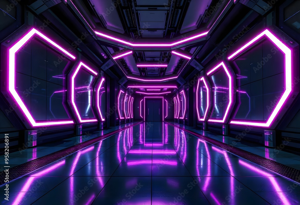 A dark futuristic hallway with a reflective tiled. Futuristic tunnel room with purple color light background A dark futuristic hallway with a reflective tiled. Futuristic tunnel room with purple color light background