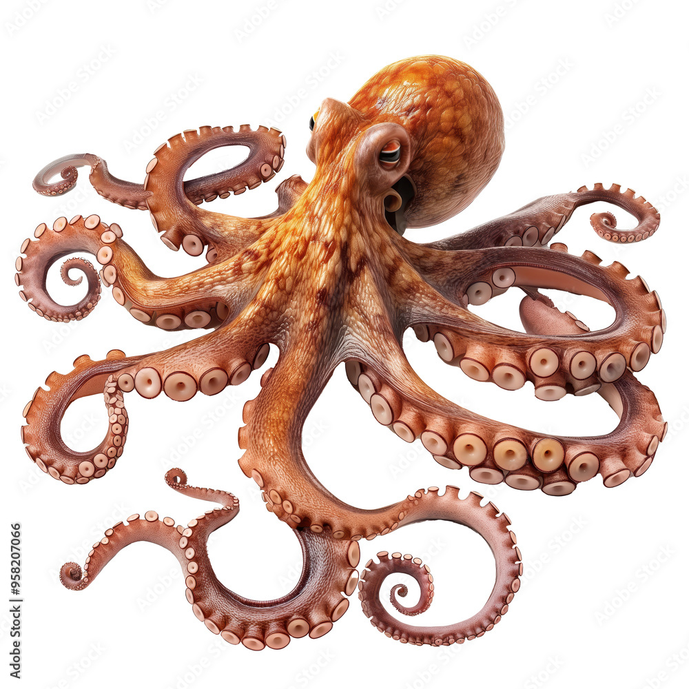 Obraz premium Majestic Octopus with Sprawling Tentacles on Clear Canvas. Richly detailed, the giant octopus extends its intricate limbs against a pristine, translucent backdrop.