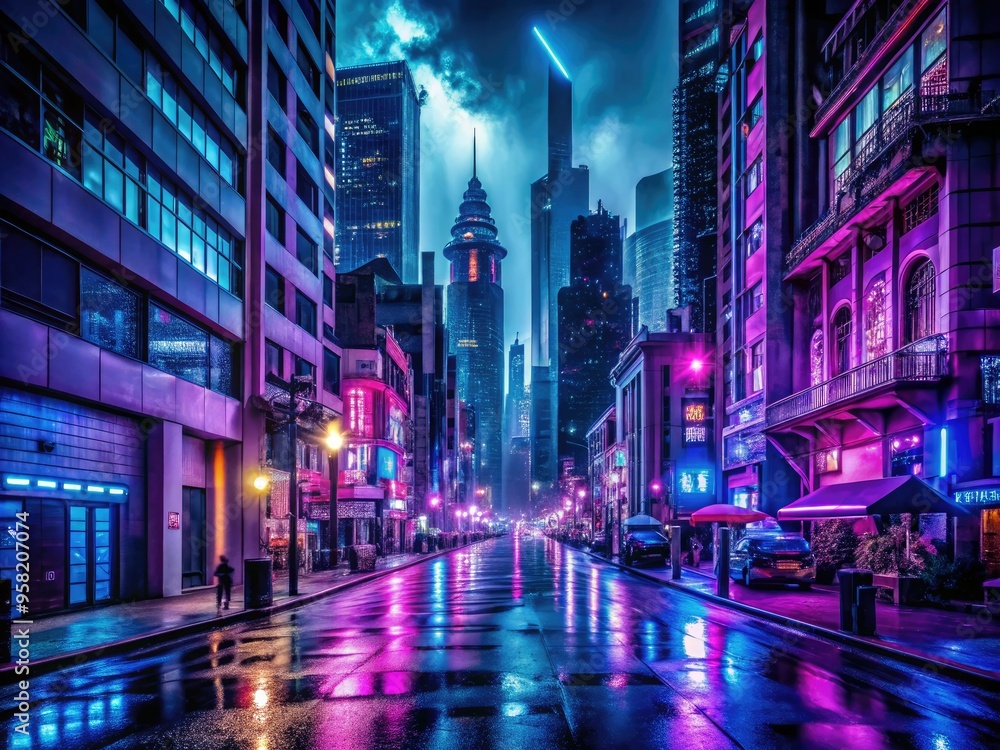 nocturnal cityscapes vibrant neon lights bustling streets moody high contrast low-key silhouettes stark architecture dramatic deep blues purples nocturnal cityscapes vibrant neon lights bustling streets moody high contrast low-key silhouettes stark architecture dramatic deep blues purples