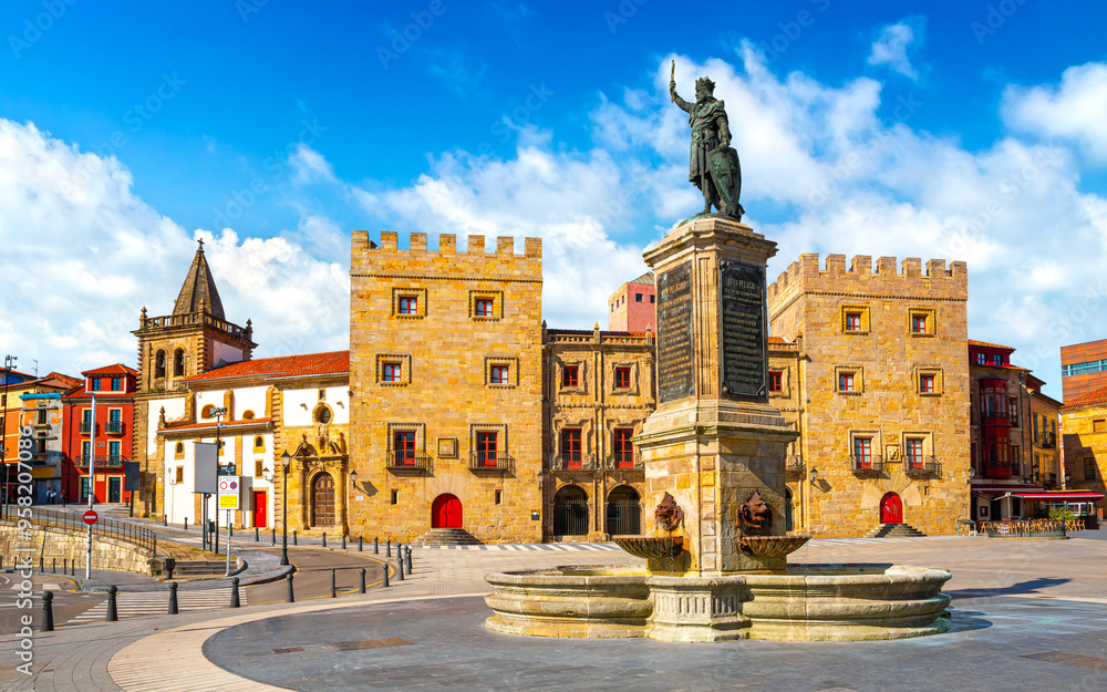 Summer view of the old square Plazuela del Marqués and the palace Palacio de Revillagigedo in the central part of Gijón, Spain