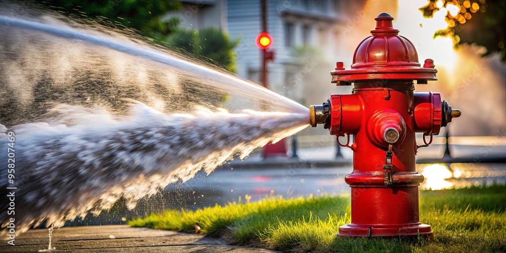 A red fire hydrant spraying water against flames in the background A red fire hydrant spraying water against flames in the background