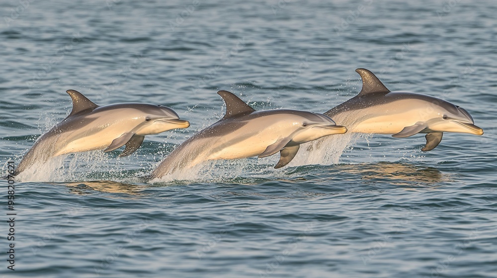 Obraz premium Playful Dolphins Leaping Through the Waves: A Dynamic Scene Featuring a Group of Dolphins Joyfully Jumping and Splashing in the Ocean. 