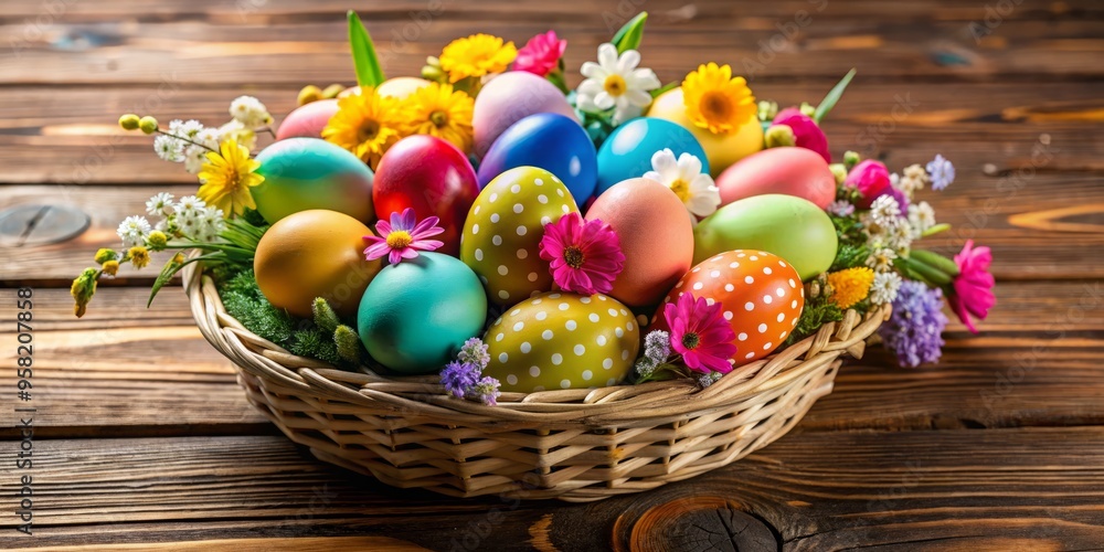 a photo image of a Easter egg basket filled with colorful eggs and flowers at a decorated wooden table a photo image of a Easter egg basket filled with colorful eggs and flowers at a decorated wooden table
