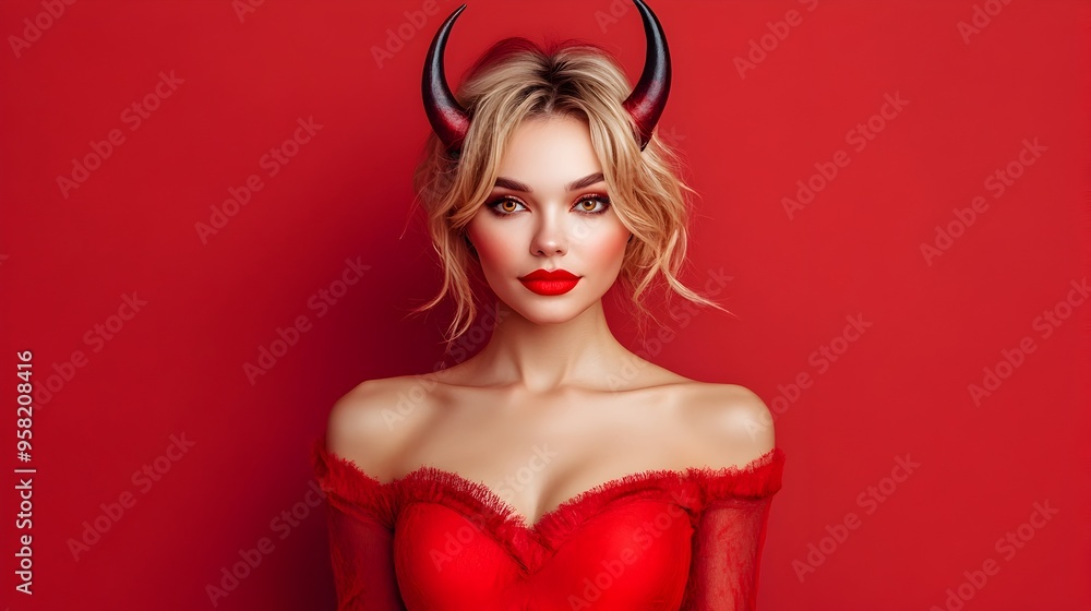 Alluring Devil Woman Dressed for Halloween in Striking Red Costume Alluring Devil Woman Dressed for Halloween in Striking Red Costume