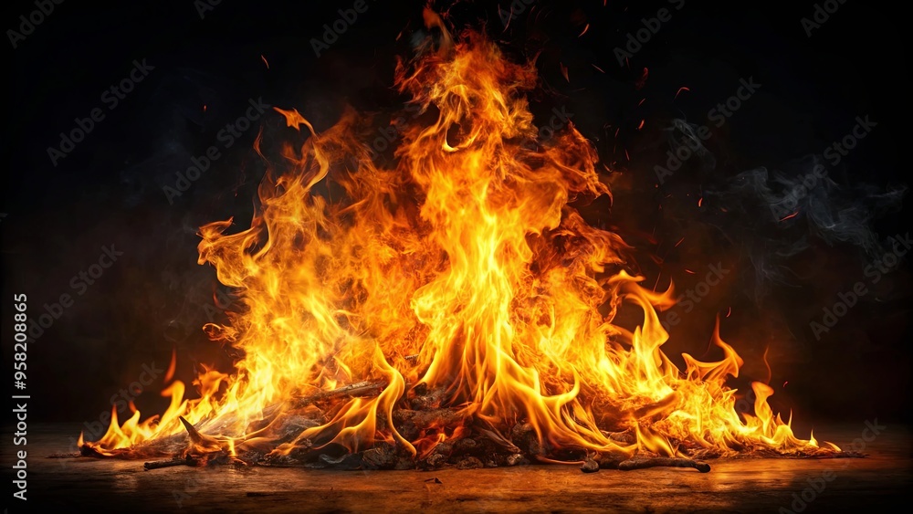Powerful fire burning against a dark background, showcasing abundant flames