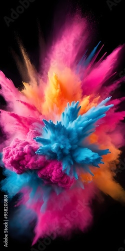 Colorful explosion of powdered pigment creating a vibrant burst against a black backdrop