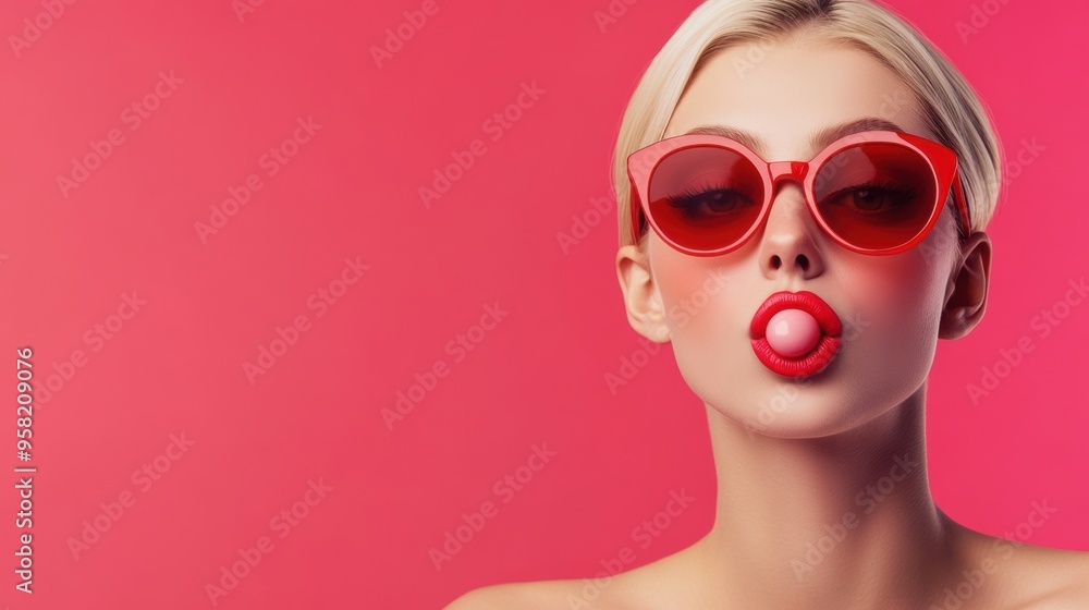A woman with red sunglasses, bubblegum in mouth and a pink lipstick on her lips, AI A woman with red sunglasses, bubblegum in mouth and a pink lipstick on her lips, AI