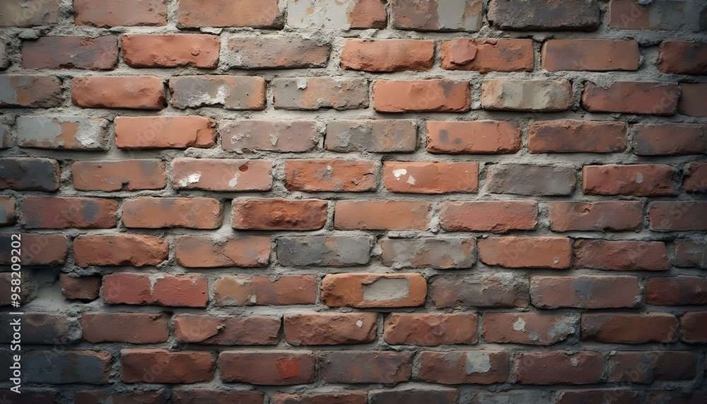 Obraz premium Old, weathered brick texture with visible cracks and chips, adding a historical and industrial feel, perfect for projects seeking a rustic and vintage atmosphere.