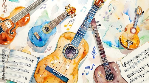 Cloudbased music lessons, kids learning instruments online, musical instrument, space for music tips, Watercolor style