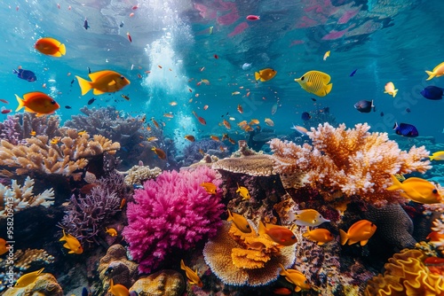 Fototapeta Naklejka Na Ścianę i Meble -  Underwater scene showing a variety of colorful fish swimming around a coral reef