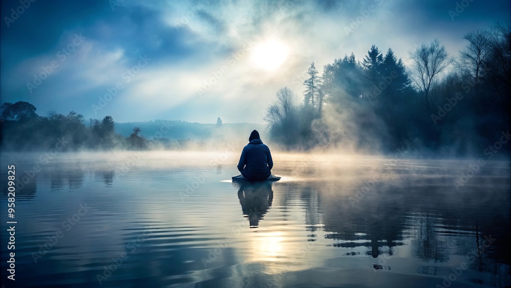 Mysterious figure sitting in foggy water Mysterious figure sitting in foggy water