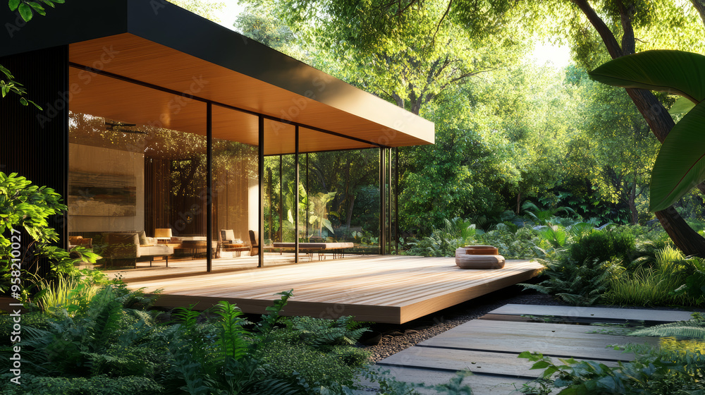 Fototapeta premium modern house, glass facade, wooden deck, tropical garden, zen garden, outdoor furniture, contemporary architecture, realistic lighting, vibrant green foliage, minimalistic design, ultra-realistic phot