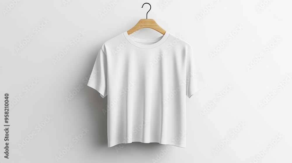 A plain white t-shirt hanging on a wooden hanger against a simple backdrop, perfect for showcasing apparel designs. A plain white t-shirt hanging on a wooden hanger against a simple backdrop, perfect for showcasing apparel designs.