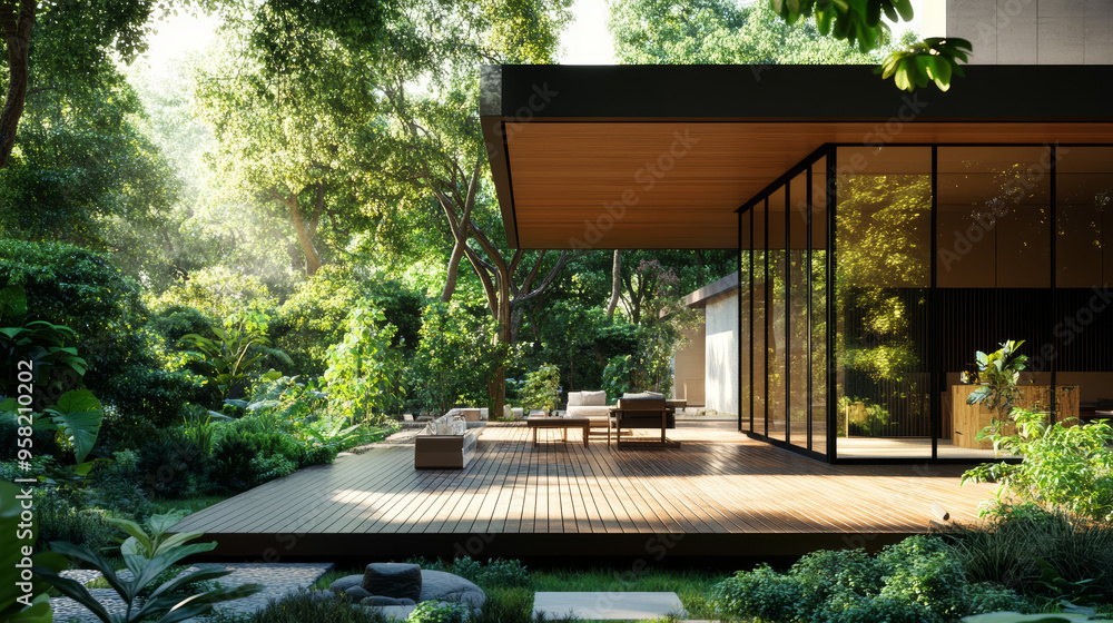 modern house, glass facade, wooden deck, tropical garden, zen garden, outdoor furniture, contemporary architecture, realistic lighting, vibrant green foliage, minimalistic design, ultra-realistic phot modern house, glass facade, wooden deck, tropical garden, zen garden, outdoor furniture, contemporary architecture, realistic lighting, vibrant green foliage, minimalistic design, ultra-realistic phot