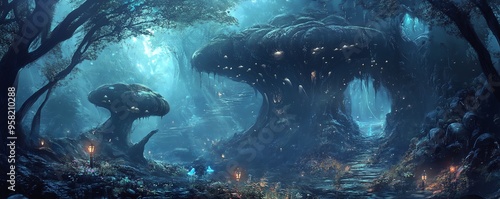 Enchanted forest with glowing mushrooms and mystical atmosphere, featuring large ancient trees and ethereal lighting. photo