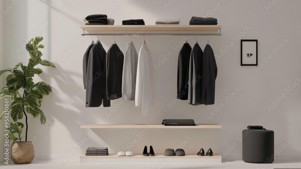 Fototapeta premium Minimalist Closet with Black Suits, White Shirt, and Wooden Shelves