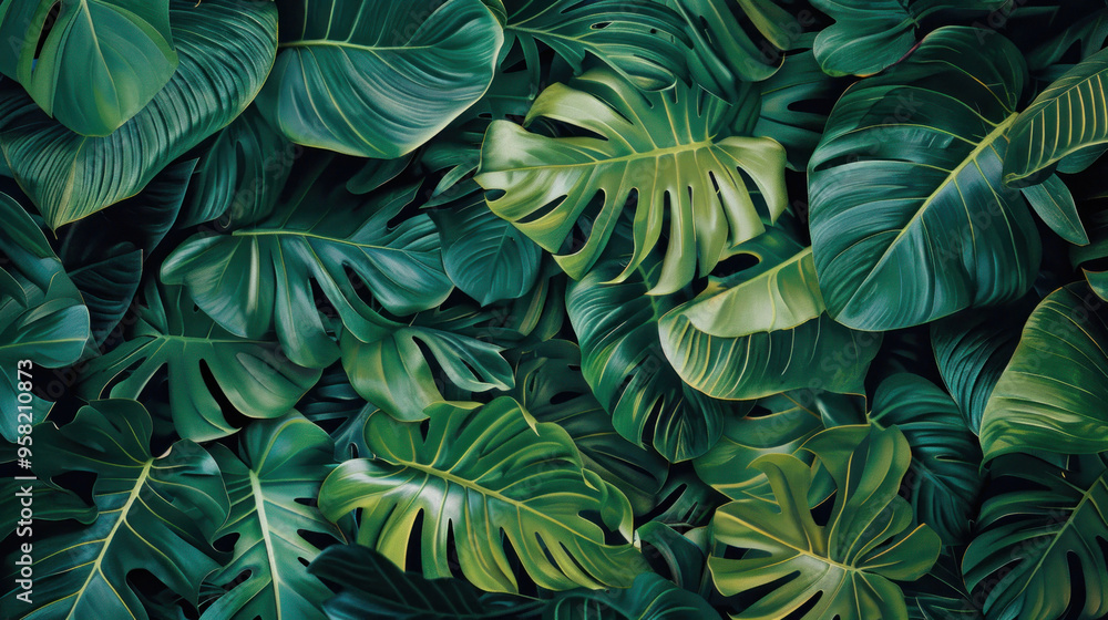 Lush green tropical leaves create vibrant and serene atmosphere, perfect for nature lovers. Lush green tropical leaves create vibrant and serene atmosphere, perfect for nature lovers.