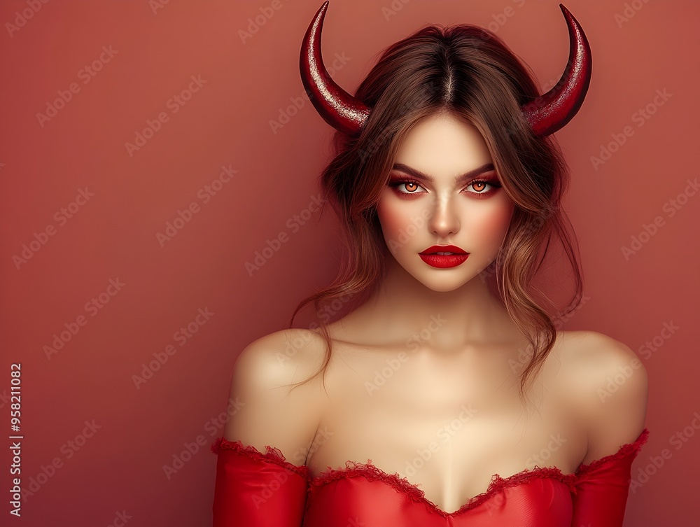 Naklejka premium Captivating Devil Woman in Red Halloween Costume with Horns