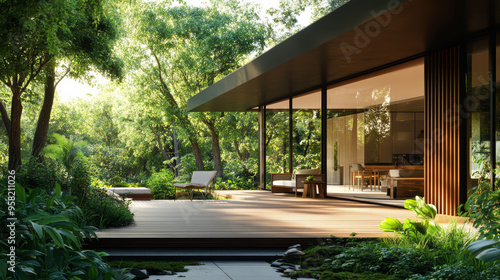 modern house, glass facade, wooden deck, tropical garden, zen garden, outdoor furniture, contemporary architecture, realistic lighting, vibrant green foliage, minimalistic design, ultra-realistic phot