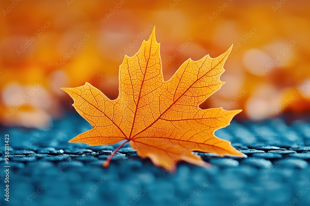 Golden orange maple leaf on blue textured surface Golden orange maple leaf on blue textured surface