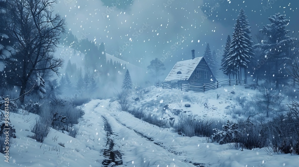 A snowy mountain range with a river running through it. The scene is peaceful and serene. Winter background.