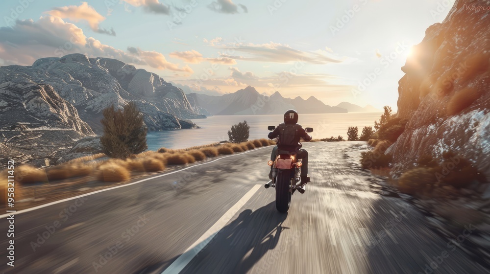 A man is riding a motorcycle on a road with mountains in the background A man is riding a motorcycle on a road with mountains in the background