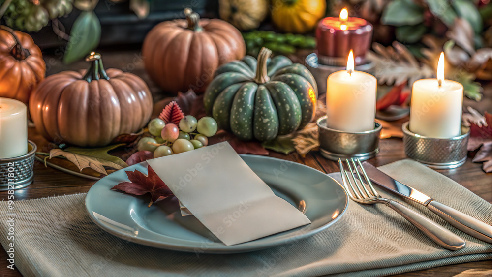 Blank Card on Elegant Dinner Plate with Pumpkins and Candles for Thanksgiving or Fall Dinner Invitation Blank Card on Elegant Dinner Plate with Pumpkins and Candles for Thanksgiving or Fall Dinner Invitation