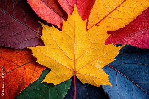 Wallpaper Mural Yellow maple leaf on colorful background featuring other leaves Torontodigital.ca