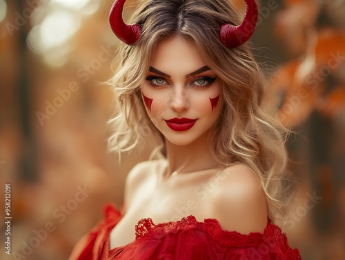 Wallpaper Mural Alluring Devil Woman in Captivating Red Halloween Costume with Horns Torontodigital.ca