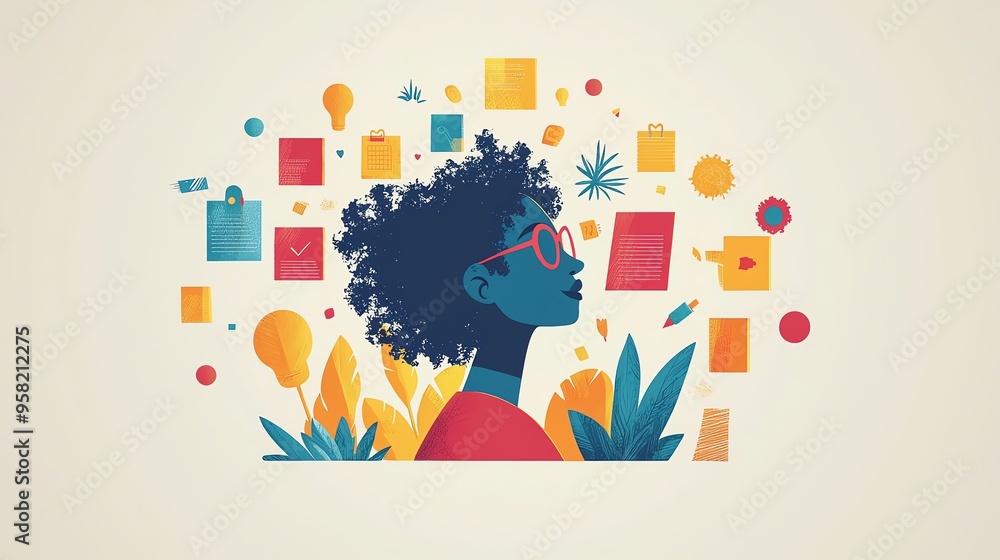 Colorful illustration of a person with creative thoughts, featuring various icons, indicating imagination and innovation. Colorful illustration of a person with creative thoughts, featuring various icons, indicating imagination and innovation.