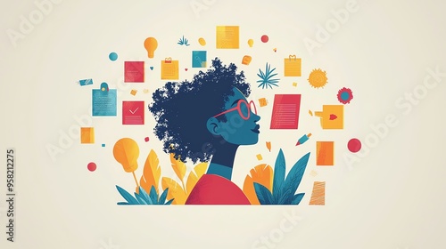 Colorful illustration of a person with creative thoughts, featuring various icons, indicating imagination and innovation.