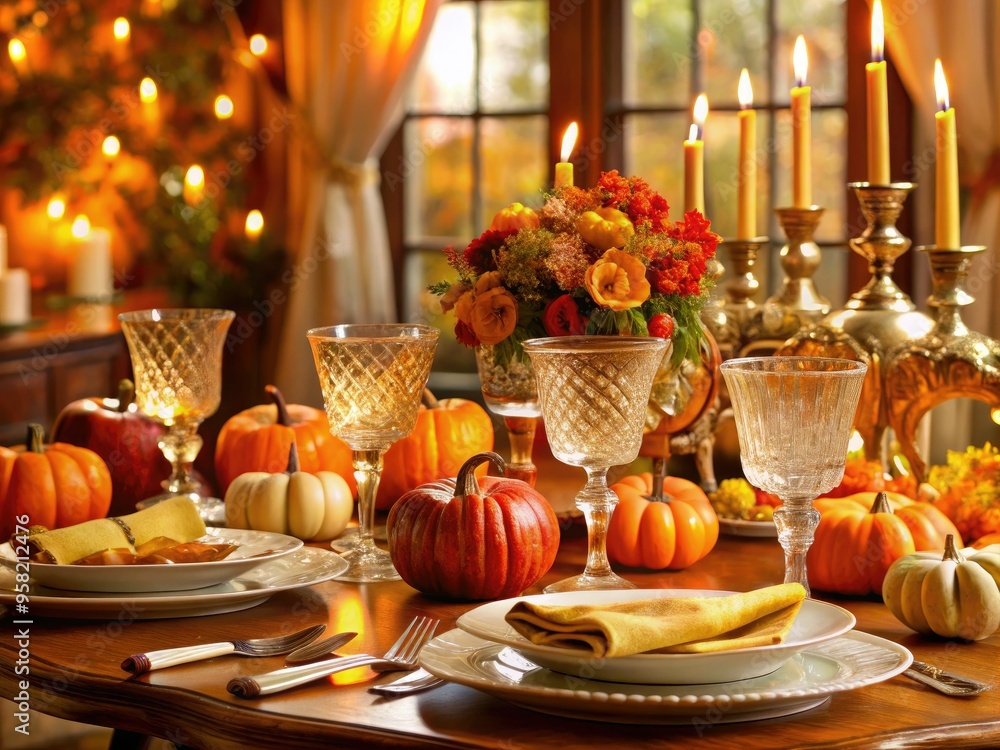 Classic traditional Thanksgiving holiday dinner table set festive fall decor fine china crystal glassware formal elegant sophisticated atmosphere refined luxury warm festive ambiance Classic traditional Thanksgiving holiday dinner table set festive fall decor fine china crystal glassware formal elegant sophisticated atmosphere refined luxury warm festive ambiance